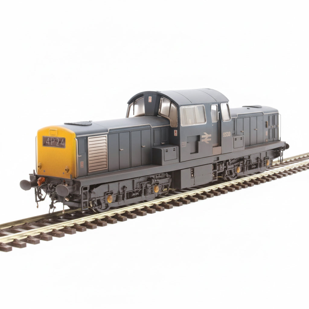 Model train on a track with a white background