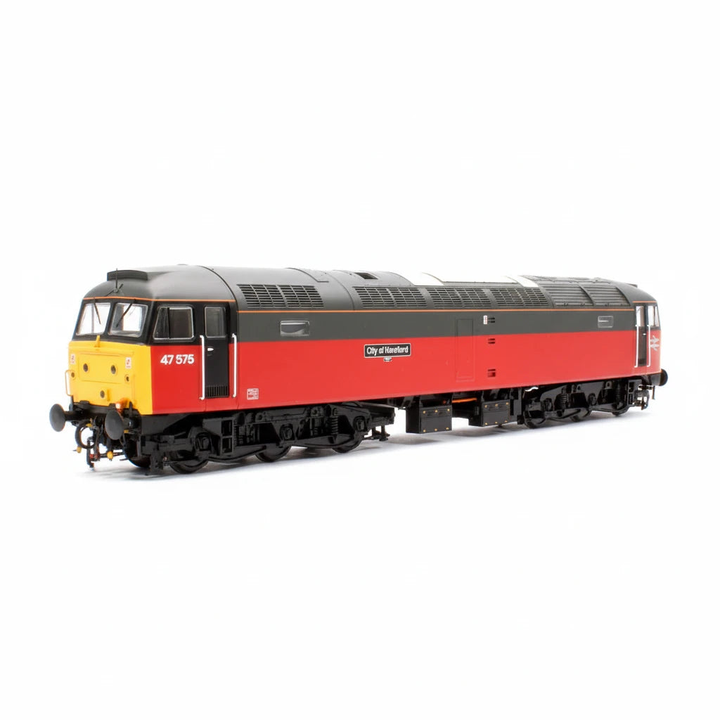 Model train with red and black livery on a white background