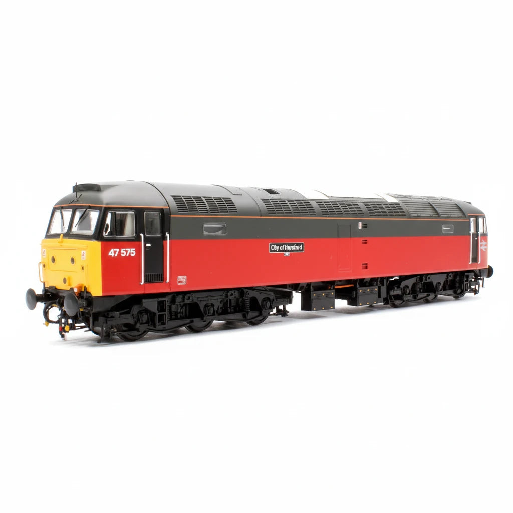 Model train with red and black livery on a white background