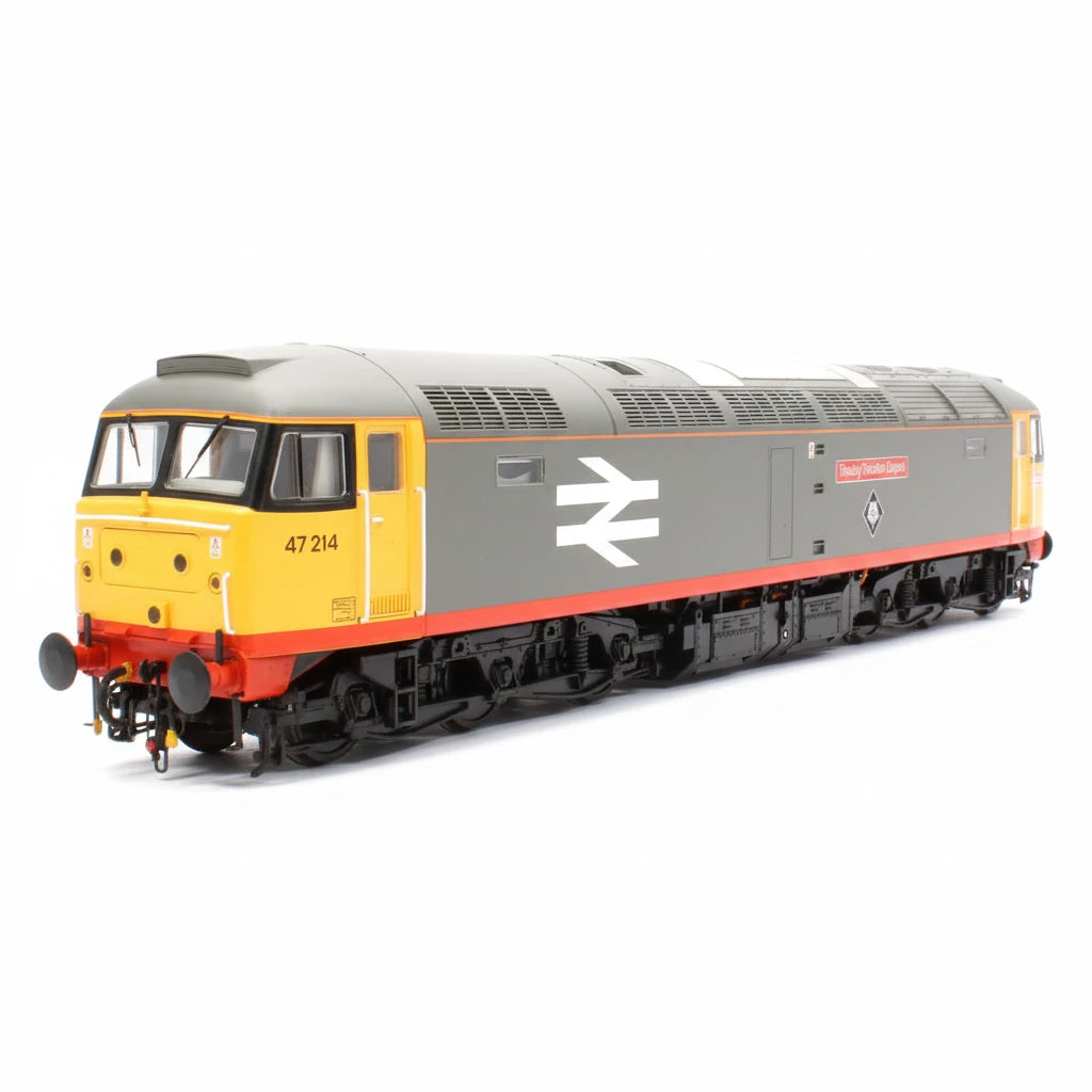 Model train locomotive with a gray and yellow design on a white background