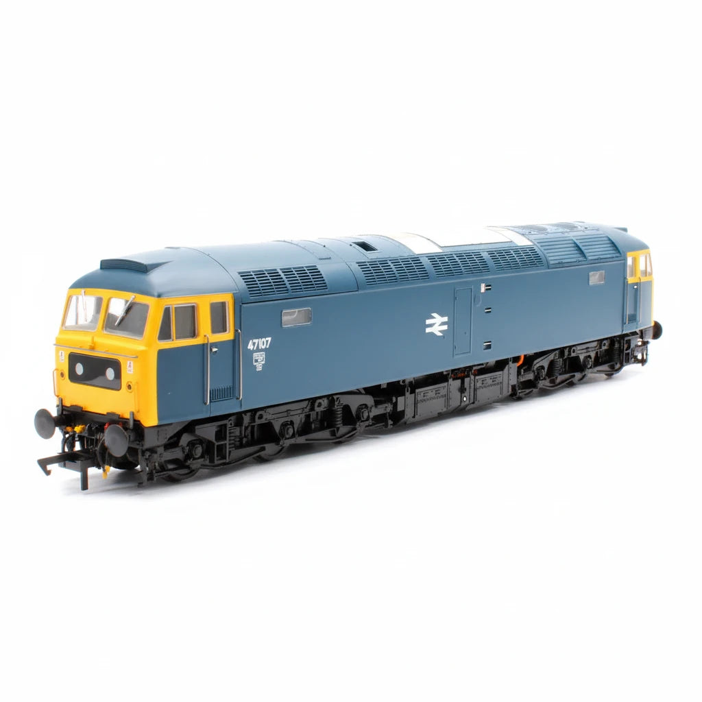 Model of a blue diesel locomotive with yellow front on a white background